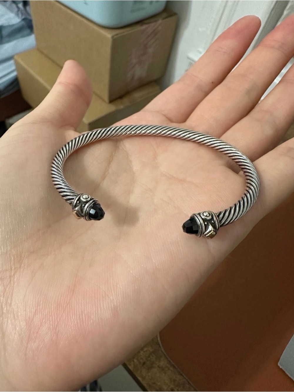 David Yurman Renaissance Classic Cable Bracelet 4mm Silver 18k Gold Onyx - Small